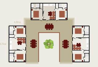 Plattegrond van de Luxury Lodge op Holiday Park Sallandshoeve met vier suites, gezamenlijke ruimtes en patio.