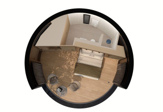 Vogelperspektive des Lumni Pod Tiny House in Wilsumer Berge, Deutschland, zeigt kompakte Raumaufteilung.
