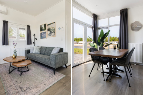 Modernes Wohnzimmer und Essbereich im Turfsteker Chalet bei De Tien Heugten, Niederlande, stilvoll eingerichtet.