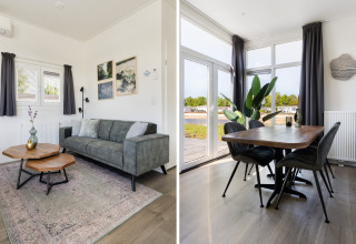 Moderne woon- en eetruimte in Turfsteker Chalet aan De Tien Heugten, Nederland, stijlvol ingericht.