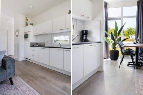 Moderne keuken en eetplaats in Turfsteker Chalet aan De Tien Heugten in Nederland, met fris interieur.
