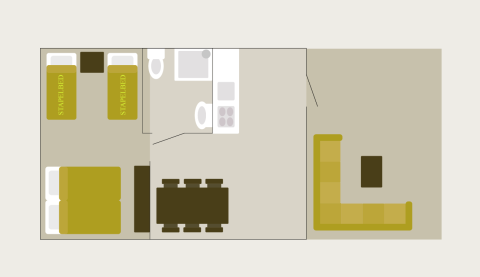 Floor plan of a luxury safari tent featuring a bedroom, kitchen, bathroom, and living area at De Boshoek.