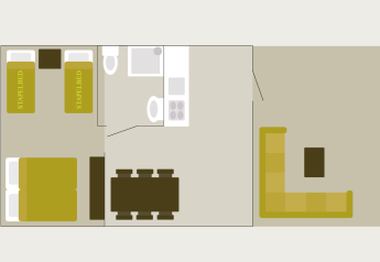 Plano de una tienda safari de lujo con dormitorio, cocina, baño y sala de estar en De Boshoek.
