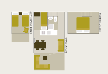 Plano de la tienda Tiny Safari House en el parque De Boshoek, con dormitorios, baño y sala de estar.