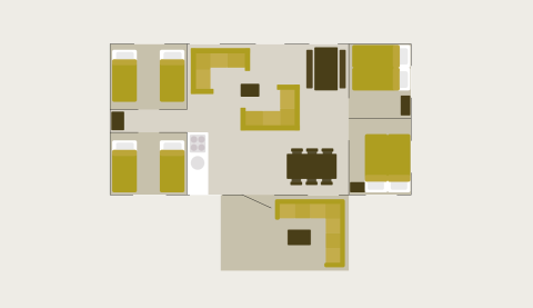 Plattegrond van Safari Villa tent met drie slaapkamers, woonkamer, eethoek en keuken bij De Boshoek.