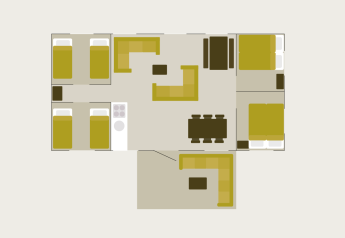 Floor plan of Safari Villa tent showing three bedrooms, living room, dining area and kitchen at De Boshoek.