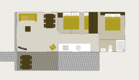 Plattegrond van Veluwelodge XL bij Holiday park De Boshoek in Nederland met kamers en indeling zichtbaar.