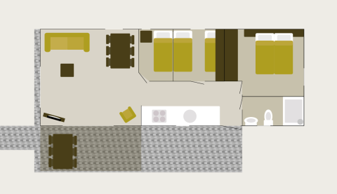 Plattegrond van Veluwelodge XL bij Holiday park De Boshoek in Nederland met ingerichte kamers en terras.