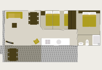 Plattegrond van Veluwelodge XL bij Holiday park De Boshoek in Nederland met ingerichte kamers en terras.