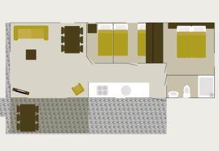 Plano de la Veluwelodge XL en Holiday park De Boshoek, Países Bajos, con habitaciones amuebladas y terraza.