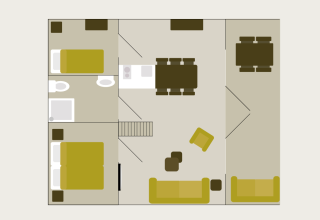 Plattegrond van de Big Lodge in Holiday park De Boshoek met twee slaapkamers, badkamer en zithoek.
