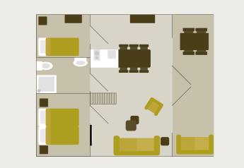 Plattegrond van de Big Lodge in Holiday park De Boshoek met twee slaapkamers, badkamer en zithoek.
