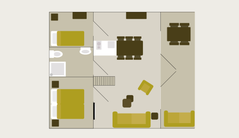 Plattegrond van de Big Lodge bij Holiday park De Boshoek met twee slaapkamers, badkamer en woonkamer.