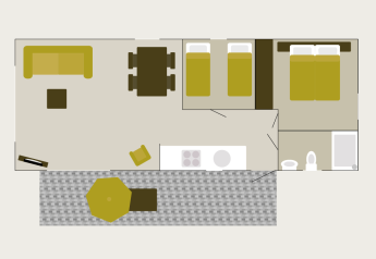 Plattegrond van een Veluwe lodge met sauna in Vakantiepark De Boshoek, met woonkamer, slaapkamers en terras.