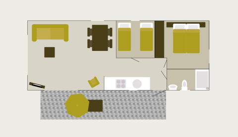 Plattegrond van een Veluwe lodge met sauna in Vakantiepark De Boshoek, met woonkamer, slaapkamers en terras.