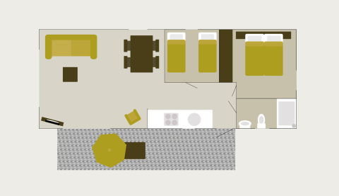 Plattegrond van Veluwelodge bij Holiday park De Boshoek in Nederland met woonkamer en slaapkamers.