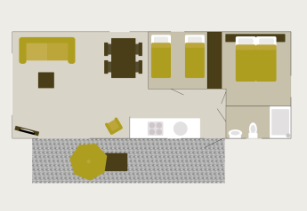 Plan de la Veluwelodge au Holiday park De Boshoek aux Pays-Bas avec salon, chambres et terrasse.