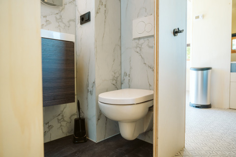 Bagno moderno con wc sospeso e decorazione in marmo nella tiny house Klapkot C20 a De Klepperstee, Paesi Bassi.