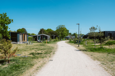 Pad door een groen vakantiepark met moderne tiny houses onder blauwe lucht bij De Klepperstee, Nederland.
