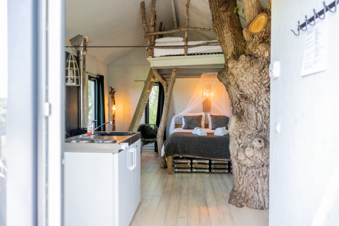 Gemütliches Baumhaus-Interieur mit Baumstamm, Küchenzeile und Bett im Domaine Bonneblond, Auvergne, Frankreich.