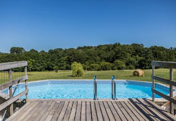 Uitzicht op een zwembad met houten terras en groene velden bij Domaine Bonneblond in Auvergne-Rhône-Alpes.