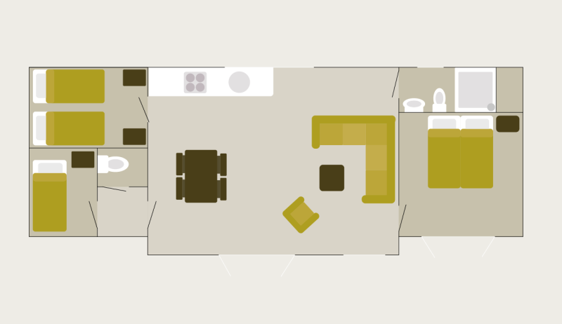 Plano de Veluwe Villa con sauna en Holiday park De Boshoek, Países Bajos, mostrando las habitaciones y muebles.