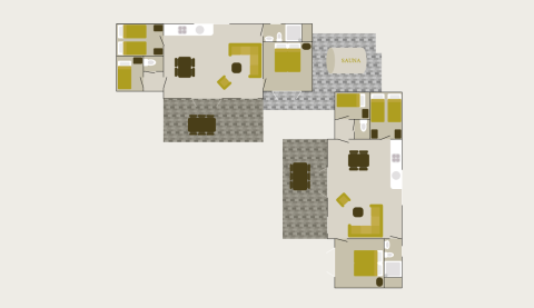 Plattegrond van een lodge met leefruimte, slaapkamers, badkamers, keuken, terras en sauna.