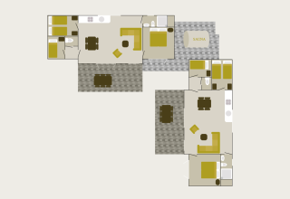 Plattegrond van een lodge met leefruimte, slaapkamers, badkamers, keuken, terras en sauna.