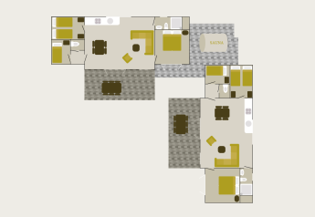 Grundplan af en lodge med opholdsområde, soveværelser, badeværelser, køkken og saunaområde.