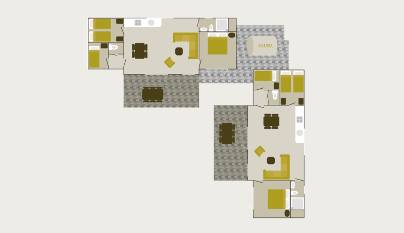 Floor plan of a lodge featuring living areas, bedrooms, bathrooms, kitchen, patio, and a sauna zone.