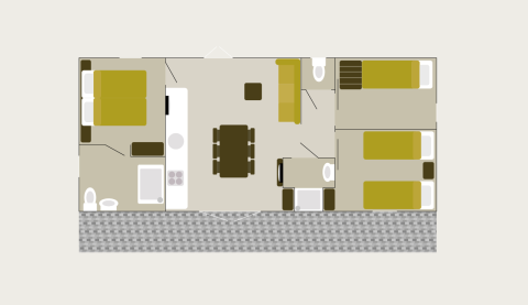 Plattegrond van Family Lodge in Holiday park De Boshoek, Nederland, met drie slaapkamers en een leefruimte.
