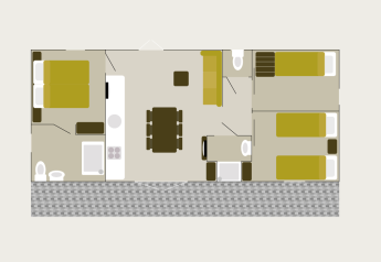 Plattegrond van Family Lodge in Holiday park De Boshoek, Nederland, met drie slaapkamers en een leefruimte.