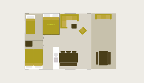 Plano de un Safari Cottage en Holiday park De Boshoek, Países Bajos, con habitaciones amuebladas visibles.