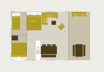 Plano de un Safari Cottage en Holiday park De Boshoek, Países Bajos, con habitaciones amuebladas visibles.