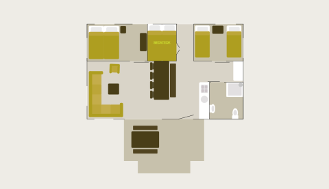 Gulvplan af en safariteltsuite kaldet Safari House ved ferieparken De Boshoek i Holland med flere rum.