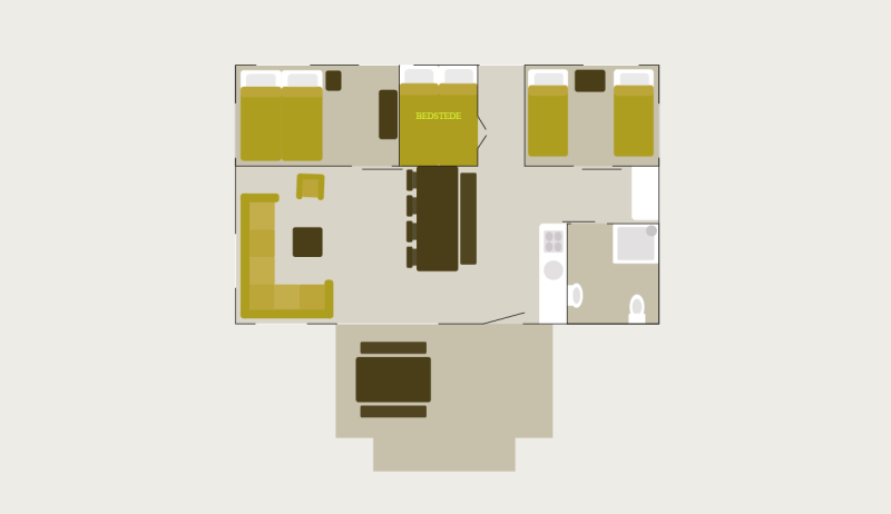 Plattegrond van een safaritent genaamd Safari House bij Vakantiepark De Boshoek in Nederland, met kamers.