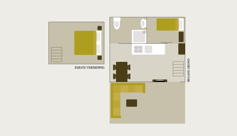 Floor plan of a luxury safari lodge tent at Holiday park De Boshoek, Netherlands, showing two levels and amenities.