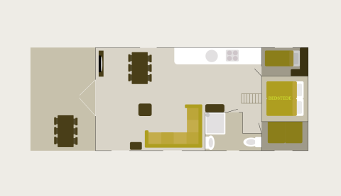 Plattegrond van Veluwe lounge + sauna lodge bij Holiday park De Boshoek in Nederland met terrasinrichting en kamers.