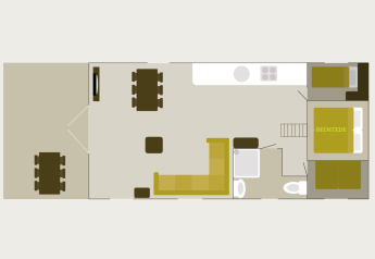 Plattegrond van Veluwe lounge + sauna lodge bij Holiday park De Boshoek in Nederland met terrasinrichting en kamers.