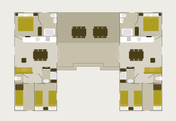 Plattegrond van de Family Lodge bij Holiday park De Boshoek in Nederland met twee units en gedeeld terras.