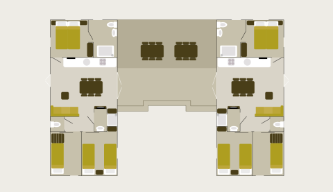 Floor plan of the Family Lodge at Holiday park De Boshoek, Netherlands, showing two units and shared terrace area.