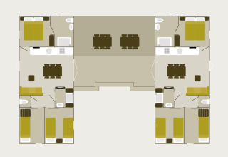 Floor plan of the Family Lodge at Holiday park De Boshoek, Netherlands, showing two units and shared terrace area.