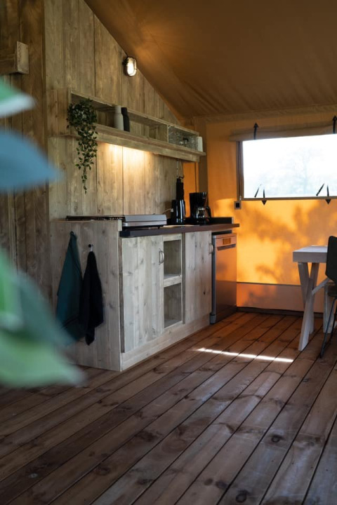 Rustic kitchenette in a safari tent with wood walls, open shelves, and soft sunlight filling the space.