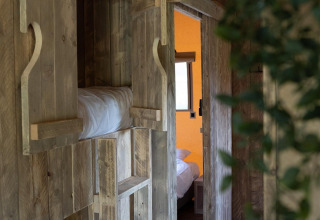 Houten interieur van safaritent met stapelbed en ladder, open luiken en zicht op een slaapkamer.