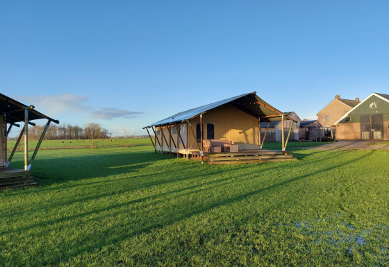 Glampingtelt Jannie på en grøn mark med klar blå himmel og landbrugsbygninger i baggrunden.