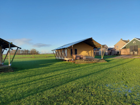 Glampingtent Jannie on a spacious green field with clear blue sky and farmhouse buildings in the background.