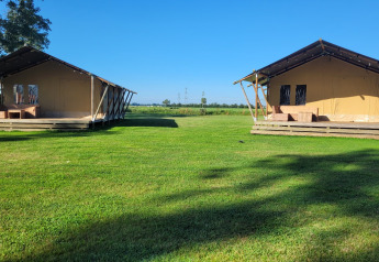 To safaritelte på Glampingtent Joukje, Glamping Franse Peer i Holland, omgivet af grønt græs og blå himmel.