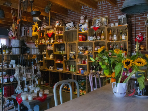 Tienda rústica con productos locales, estanterías de madera y girasoles en parque vacacional en Países Bajos.