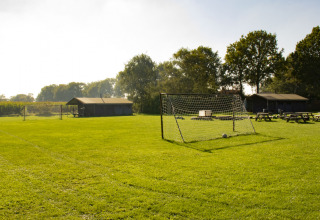 En grøn fodboldbane med mål, træbænke og hytter i baggrunden i De Brabantse Hei, Nederlandene.
