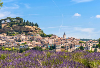 Landskab i Provence-Alpes-Côte d’Azur, Frankrig med lavendelmarker, landsby og bakketop under blå himmel.